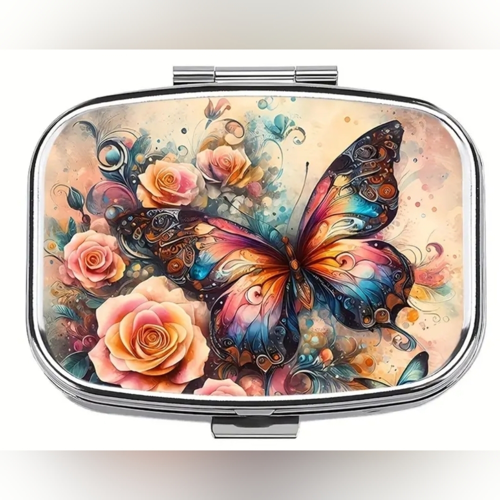 NEW Gift Boho Colorful Butterfly pink roses portable pill case- (#09)